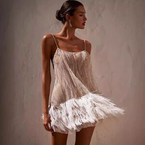 ZARA Sexy Backless Party Mini Dress Layered Fringe Mesh Feathers Sequins Straps